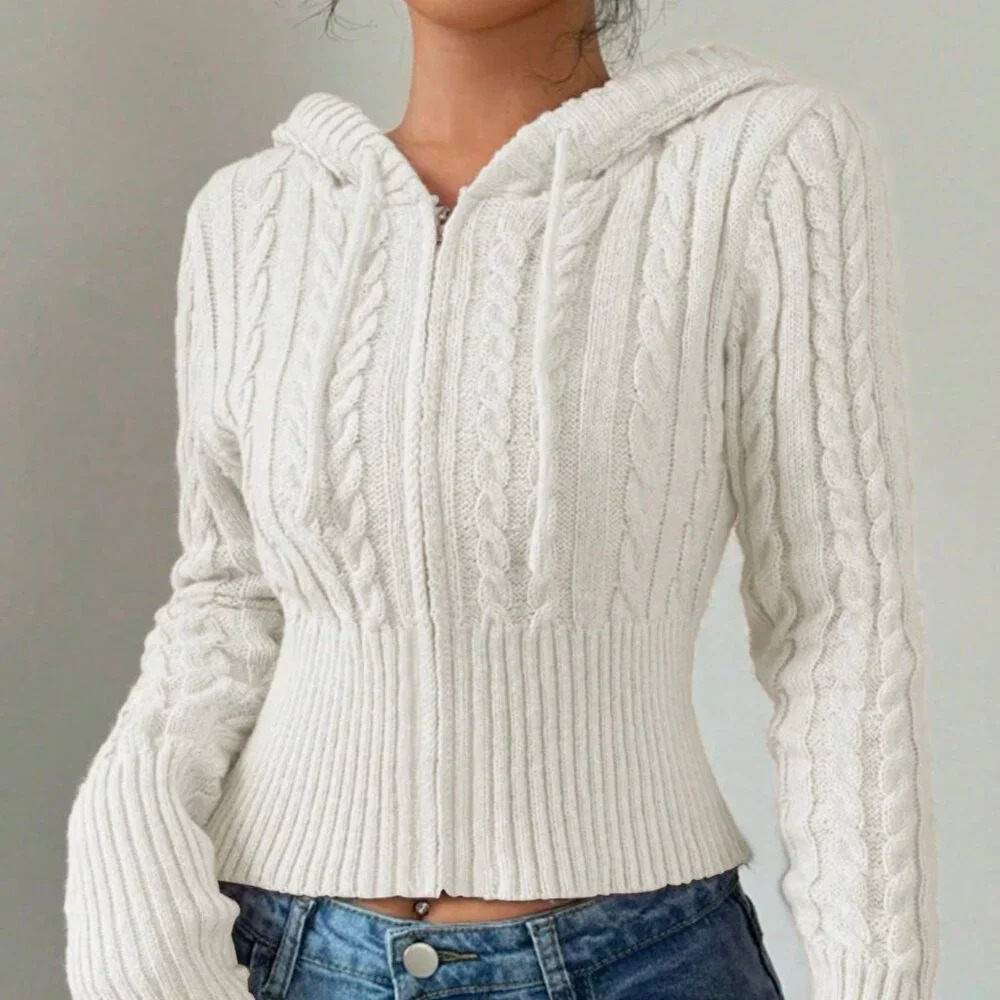 White Casual Women's Fitted Drawstring Hooded Cardigan